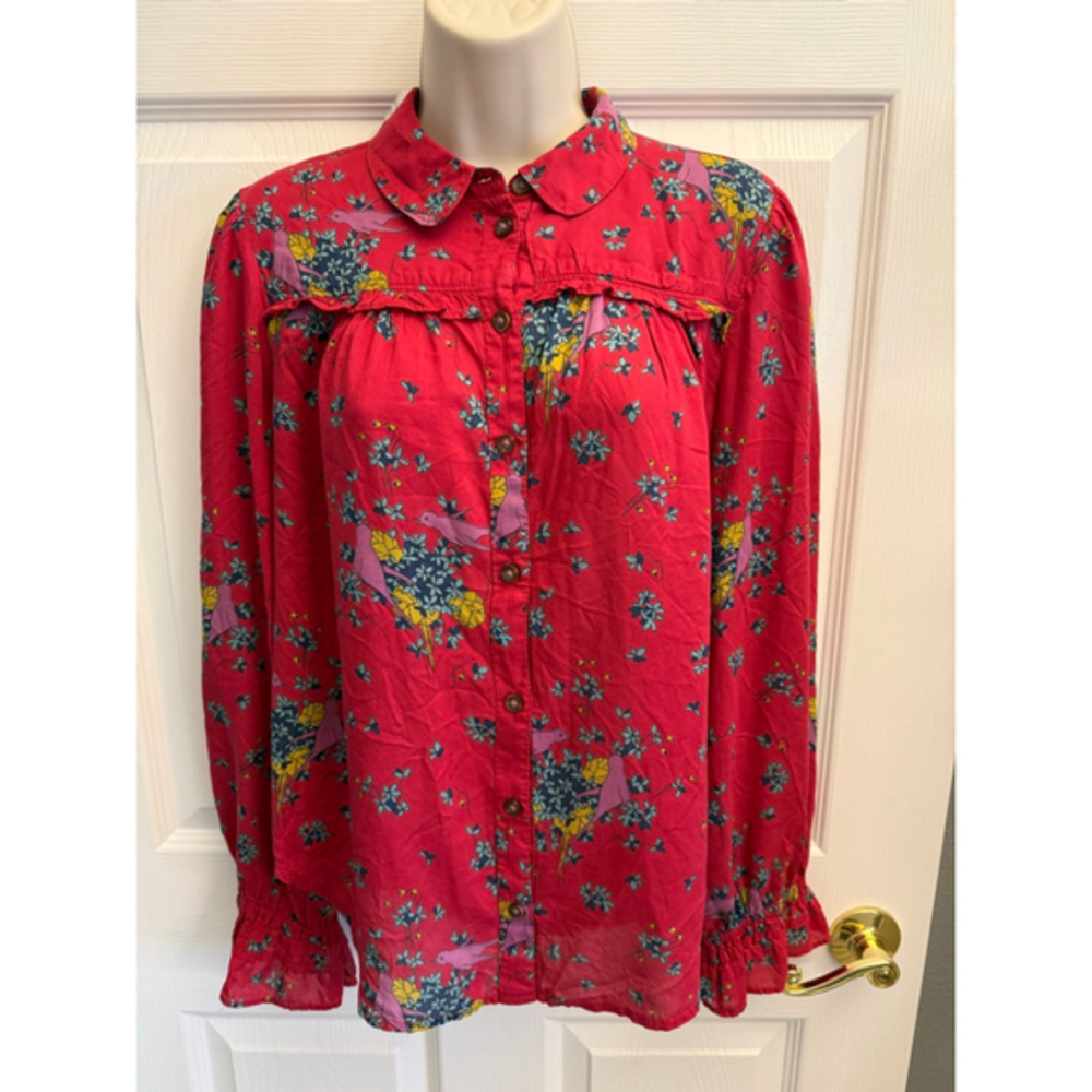 Anthropologie Maeve Fredericka button-down blouse red floral bird print size 6